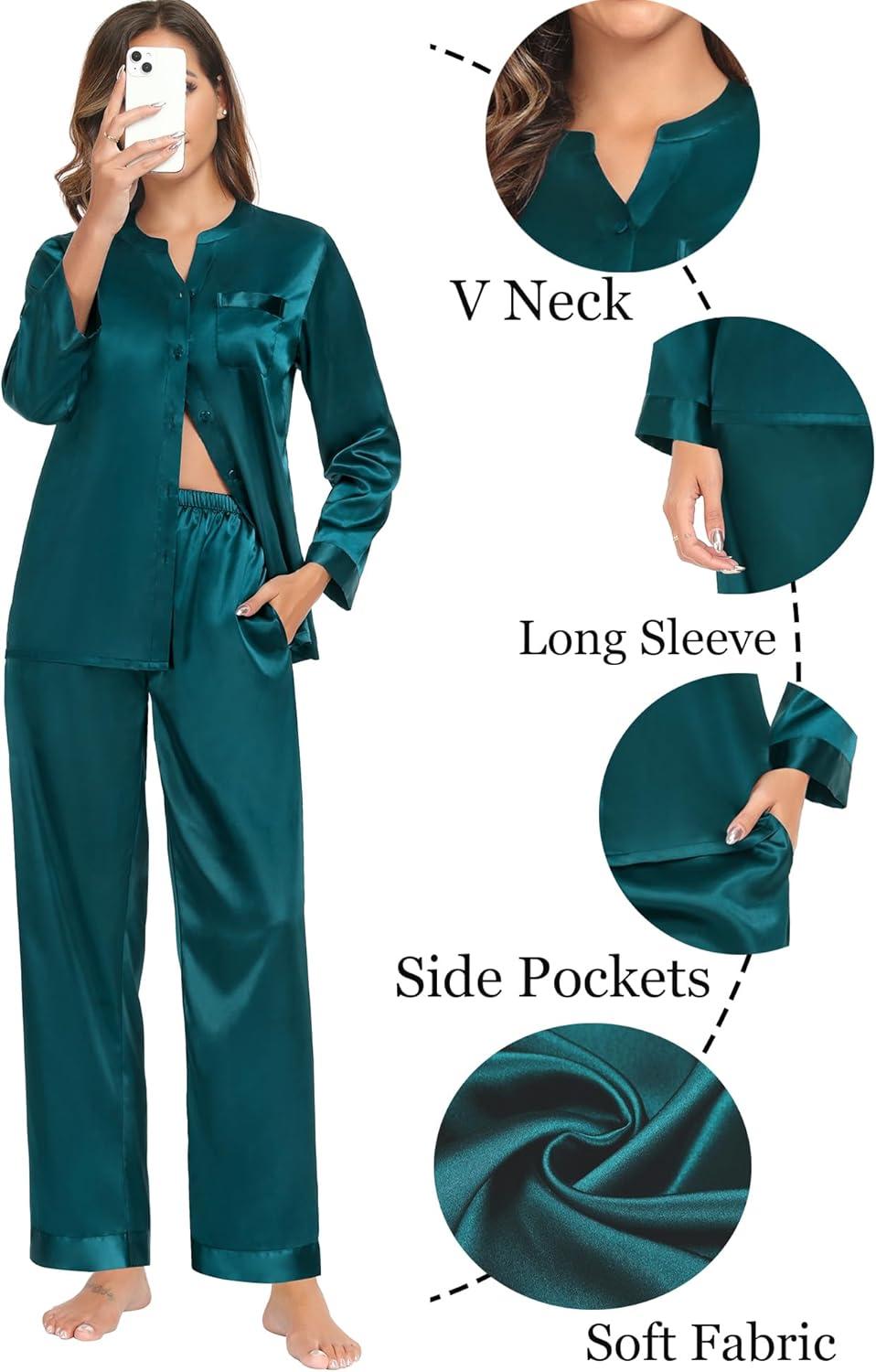 imageSWOMOG Family Matching Pajama Set 2Pcs Silk Satin Sleepwear Long Sleeve Button Down LoungewearGreen