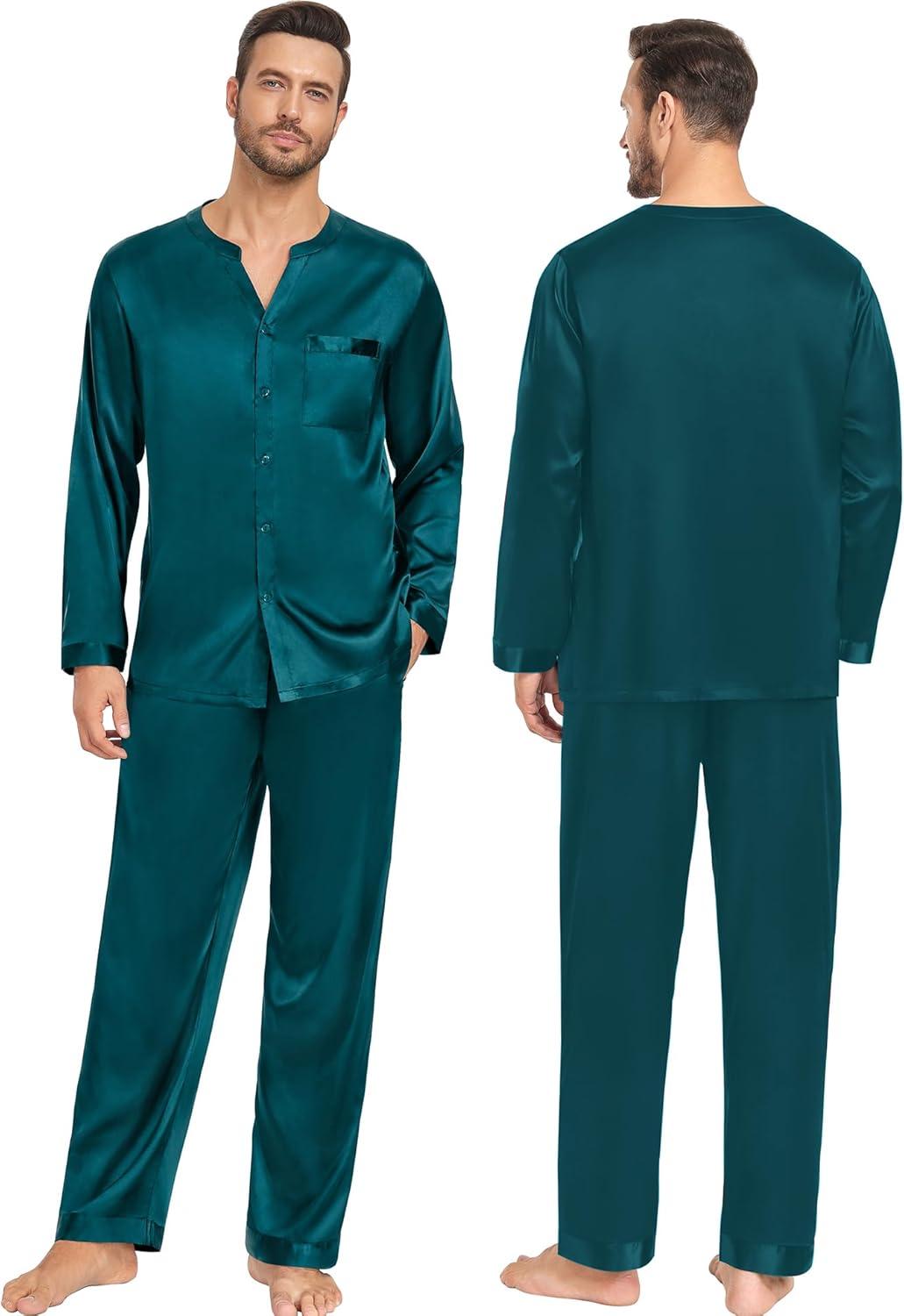 imageSWOMOG Family Matching Pajama Set 2Pcs Silk Satin Sleepwear Long Sleeve Button Down LoungewearGreen