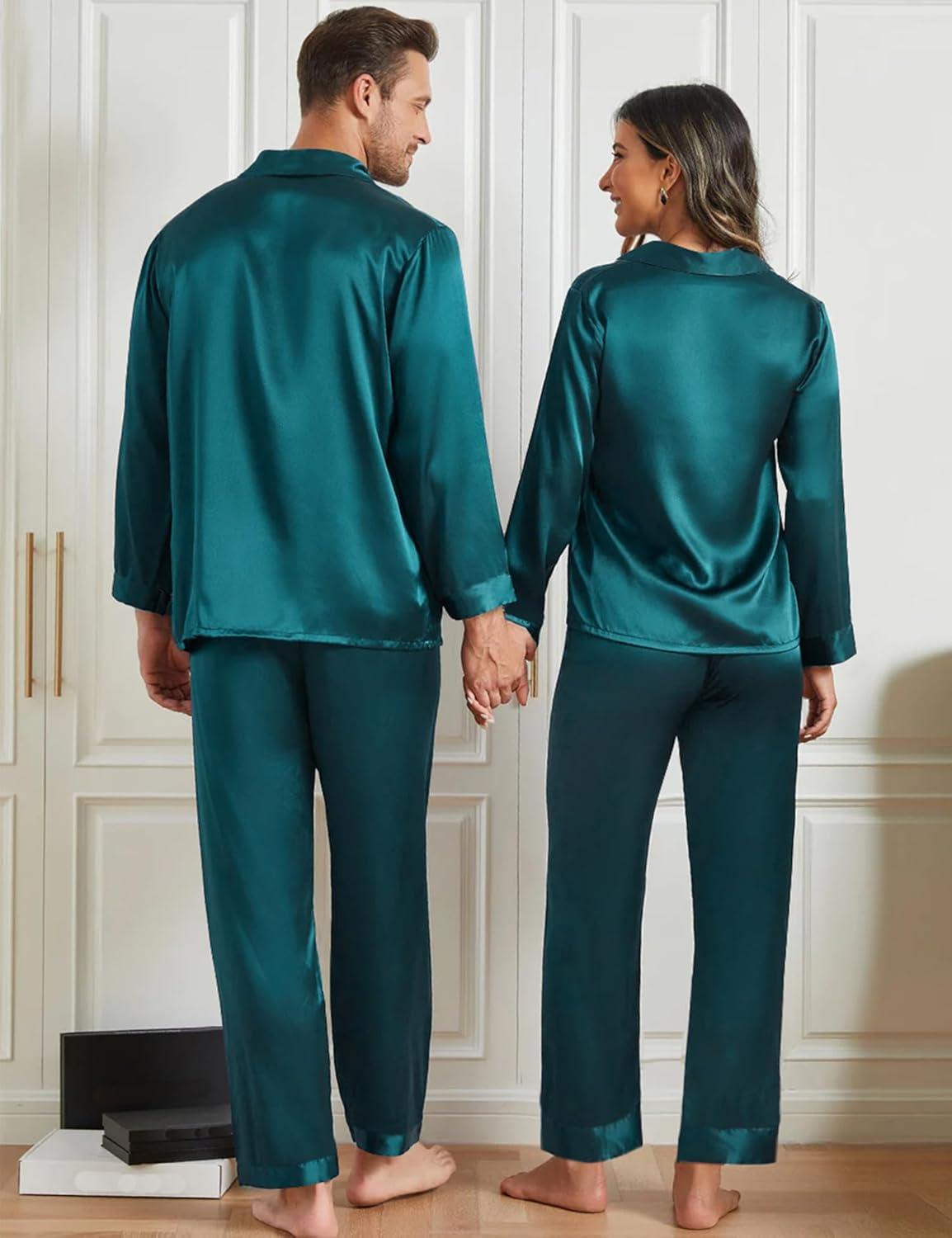imageSWOMOG Family Matching Pajama Set 2Pcs Silk Satin Sleepwear Long Sleeve Button Down LoungewearGreen