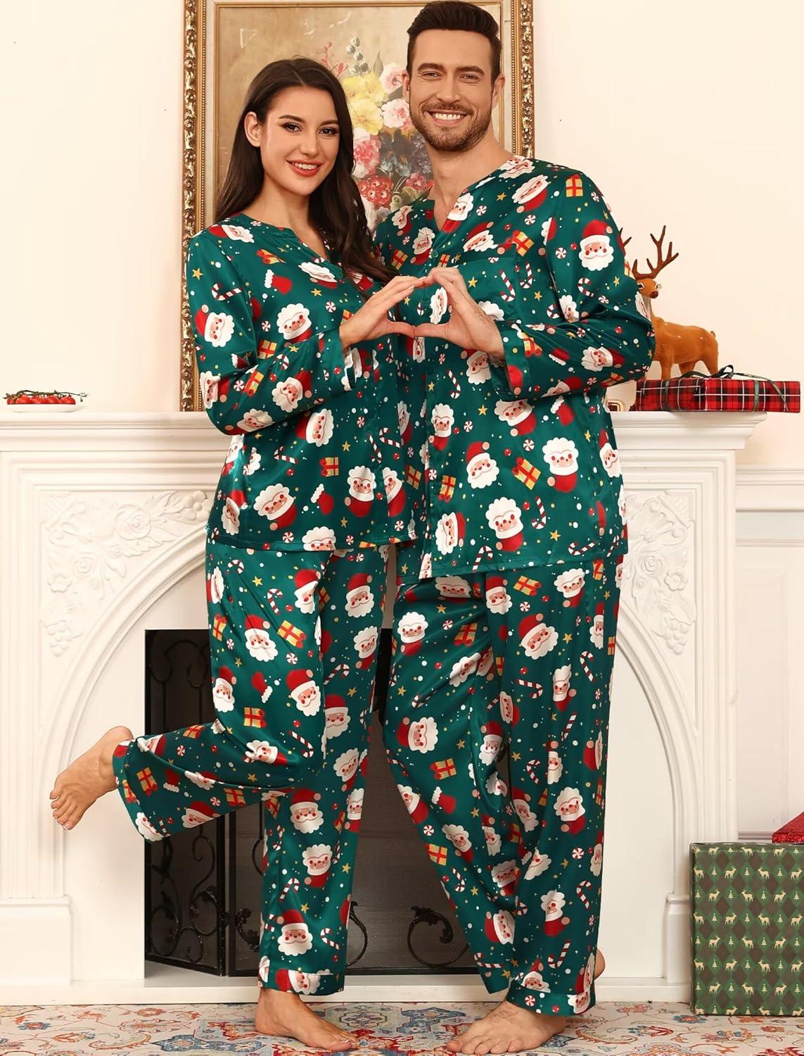 imageSWOMOG Family Matching Pajama Set 2Pcs Silk Satin Sleepwear Long Sleeve Button Down LoungewearGreen Santa