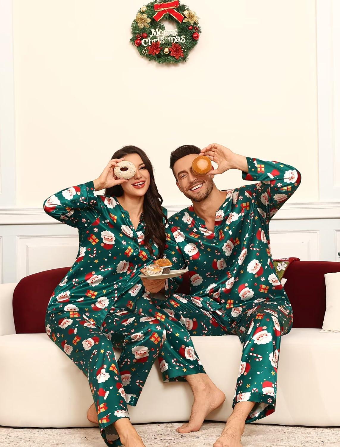 imageSWOMOG Family Matching Pajama Set 2Pcs Silk Satin Sleepwear Long Sleeve Button Down LoungewearGreen Santa