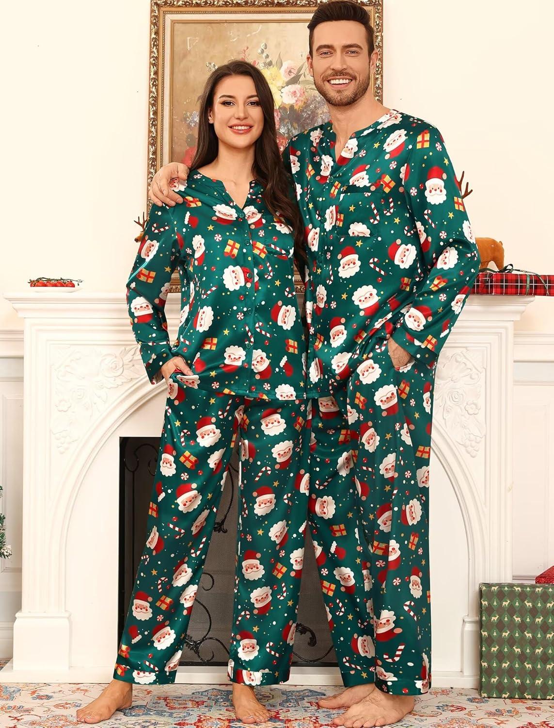 imageSWOMOG Family Matching Pajama Set 2Pcs Silk Satin Sleepwear Long Sleeve Button Down LoungewearGreen Santa