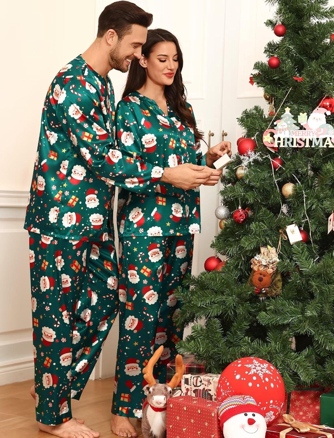 imageSWOMOG Family Matching Pajama Set 2Pcs Silk Satin Sleepwear Long Sleeve Button Down LoungewearGreen Santa