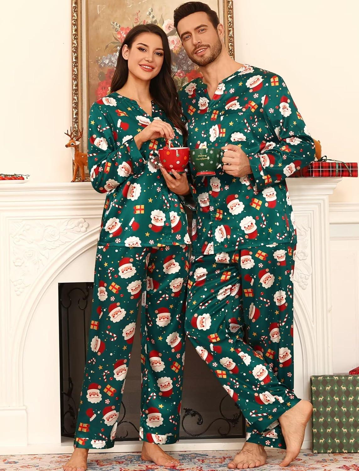 imageSWOMOG Family Matching Pajama Set 2Pcs Silk Satin Sleepwear Long Sleeve Button Down LoungewearGreen Santa
