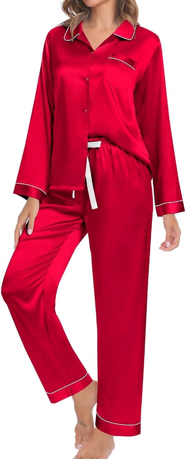 imageSWOMOG Family Matching Pajama Set 2Pcs Silk Satin Sleepwear Long Sleeve Button Down LoungewearRed