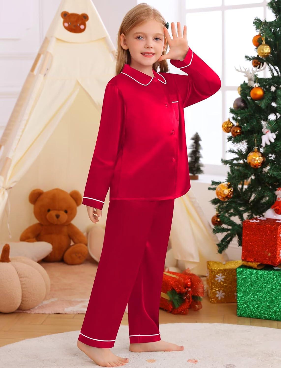 imageSWOMOG Family Matching Pajama Set 2Pcs Silk Satin Sleepwear Long Sleeve Button Down LoungewearRed