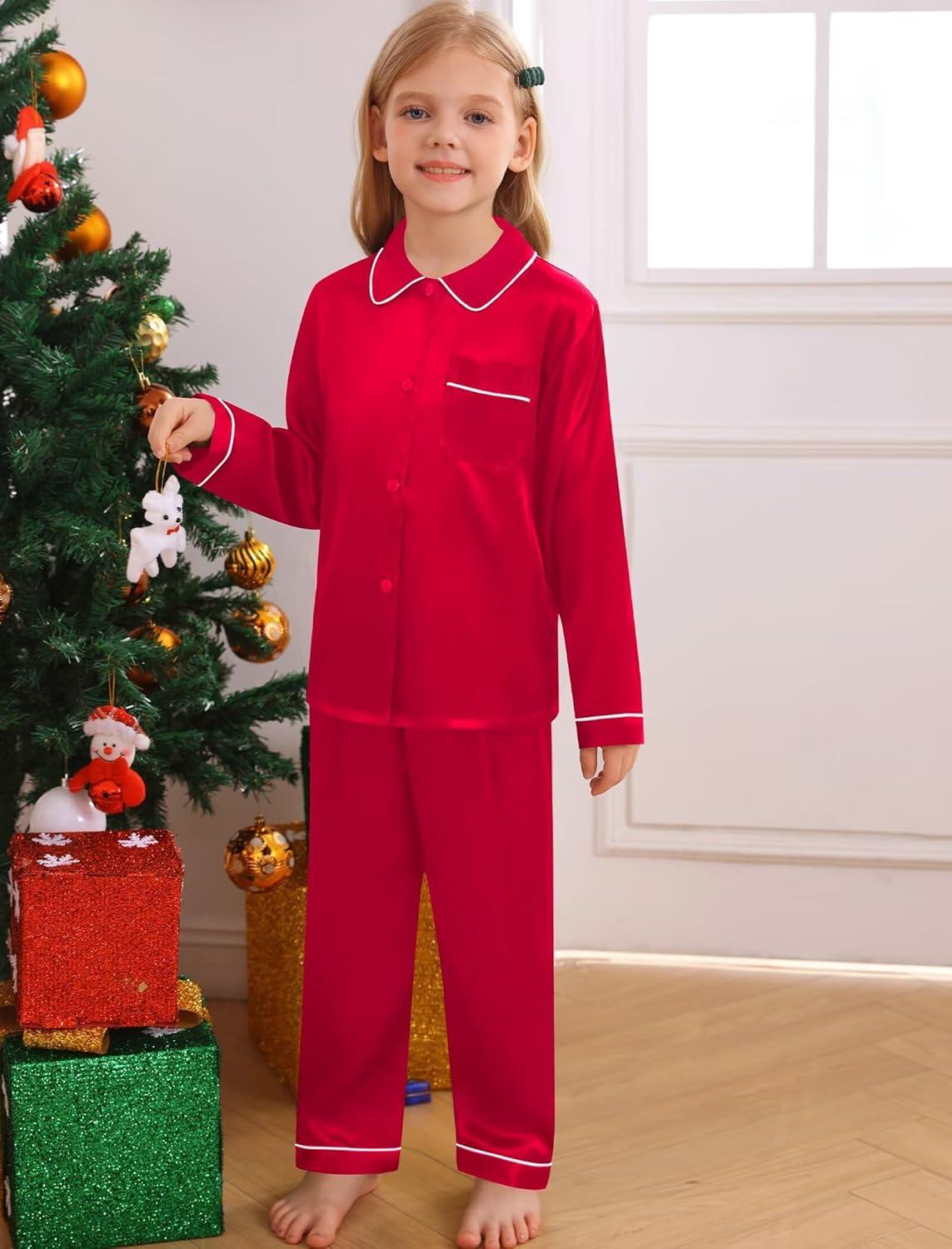 imageSWOMOG Family Matching Pajama Set 2Pcs Silk Satin Sleepwear Long Sleeve Button Down LoungewearRed