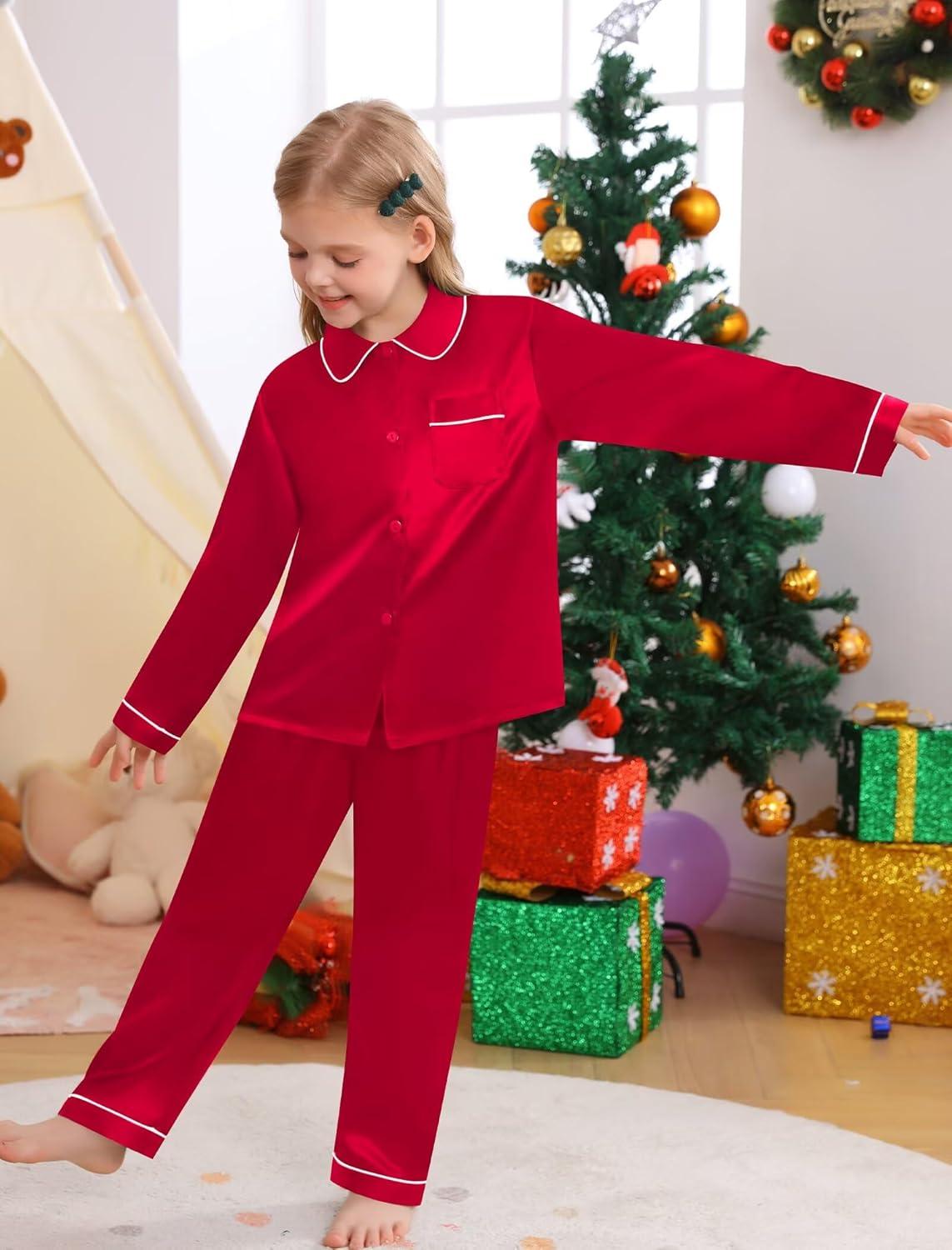 imageSWOMOG Family Matching Pajama Set 2Pcs Silk Satin Sleepwear Long Sleeve Button Down LoungewearRed
