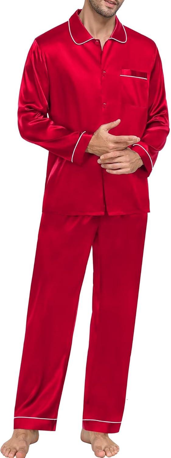 imageSWOMOG Family Matching Pajama Set 2Pcs Silk Satin Sleepwear Long Sleeve Button Down LoungewearRed