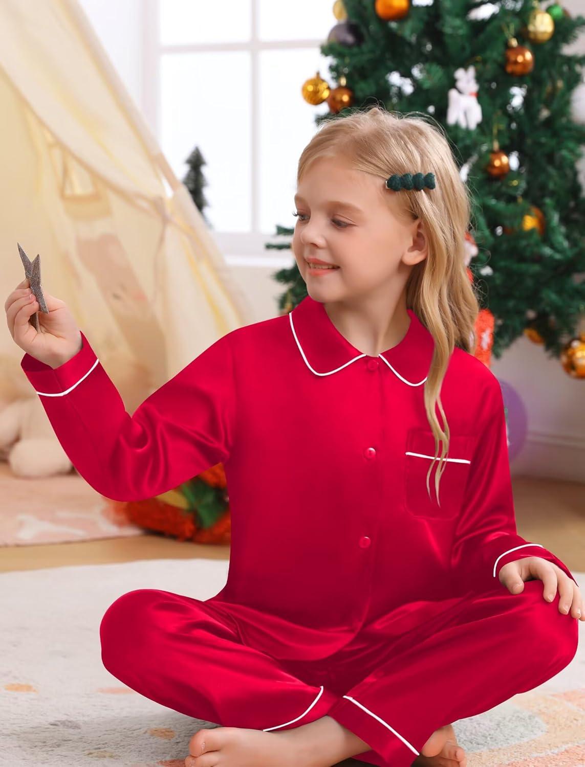 imageSWOMOG Family Matching Pajama Set 2Pcs Silk Satin Sleepwear Long Sleeve Button Down LoungewearRed