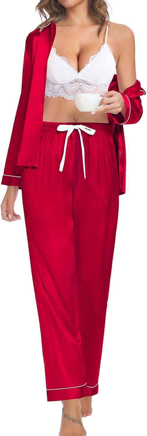 imageSWOMOG Family Matching Pajama Set 2Pcs Silk Satin Sleepwear Long Sleeve Button Down LoungewearRed