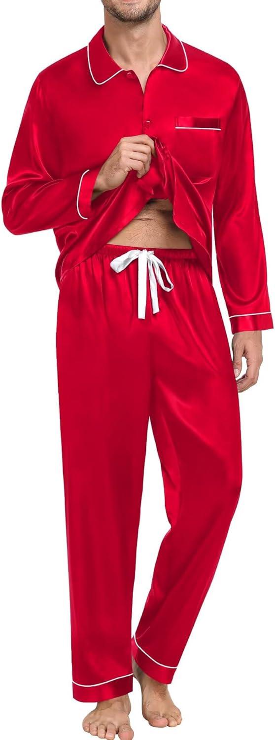 imageSWOMOG Family Matching Pajama Set 2Pcs Silk Satin Sleepwear Long Sleeve Button Down LoungewearRed
