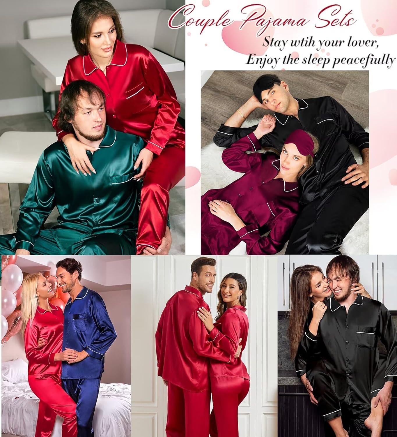 imageSWOMOG Family Matching Pajama Set 2Pcs Silk Satin Sleepwear Long Sleeve Button Down LoungewearRed