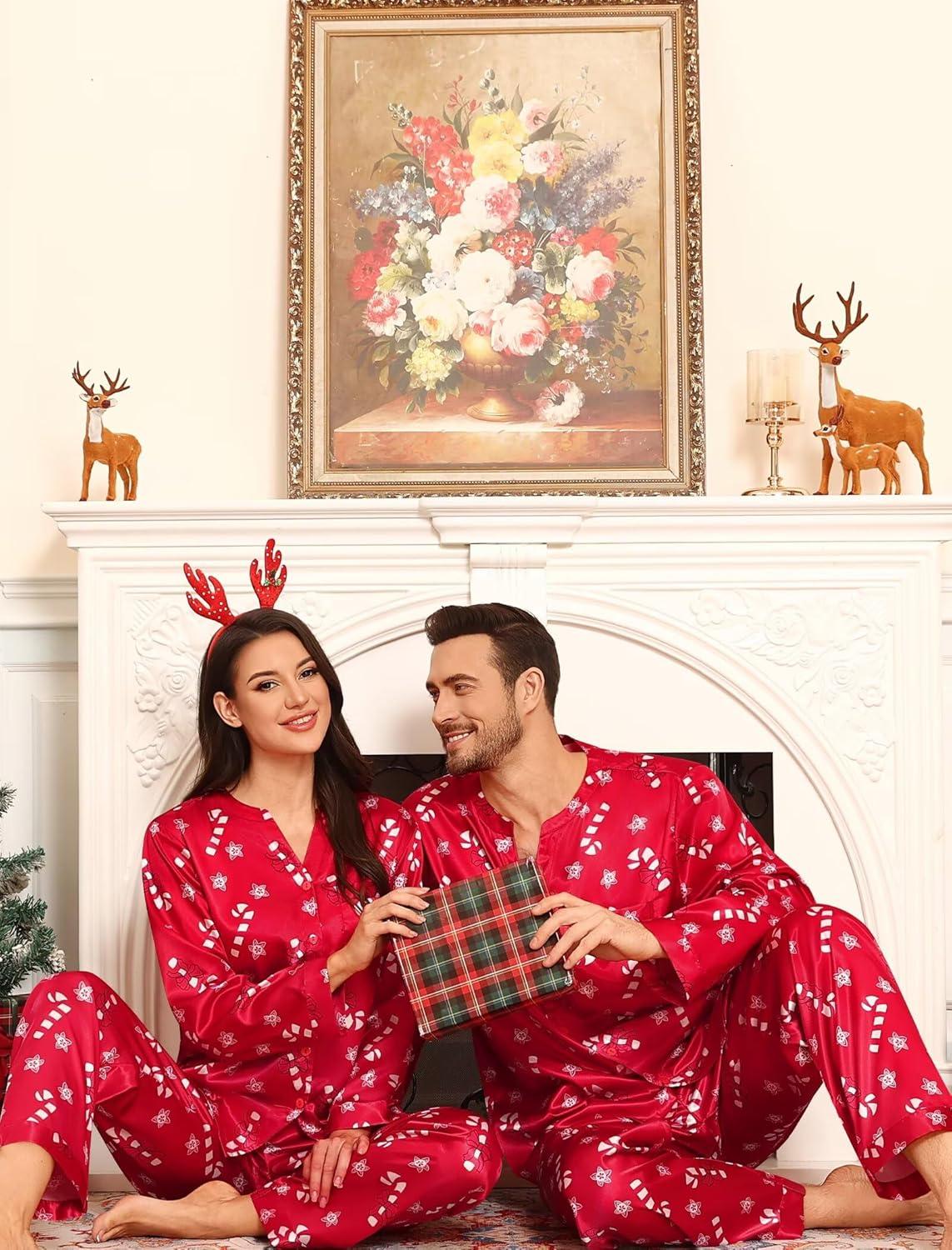 imageSWOMOG Family Matching Pajama Set 2Pcs Silk Satin Sleepwear Long Sleeve Button Down LoungewearRed Candy Cane