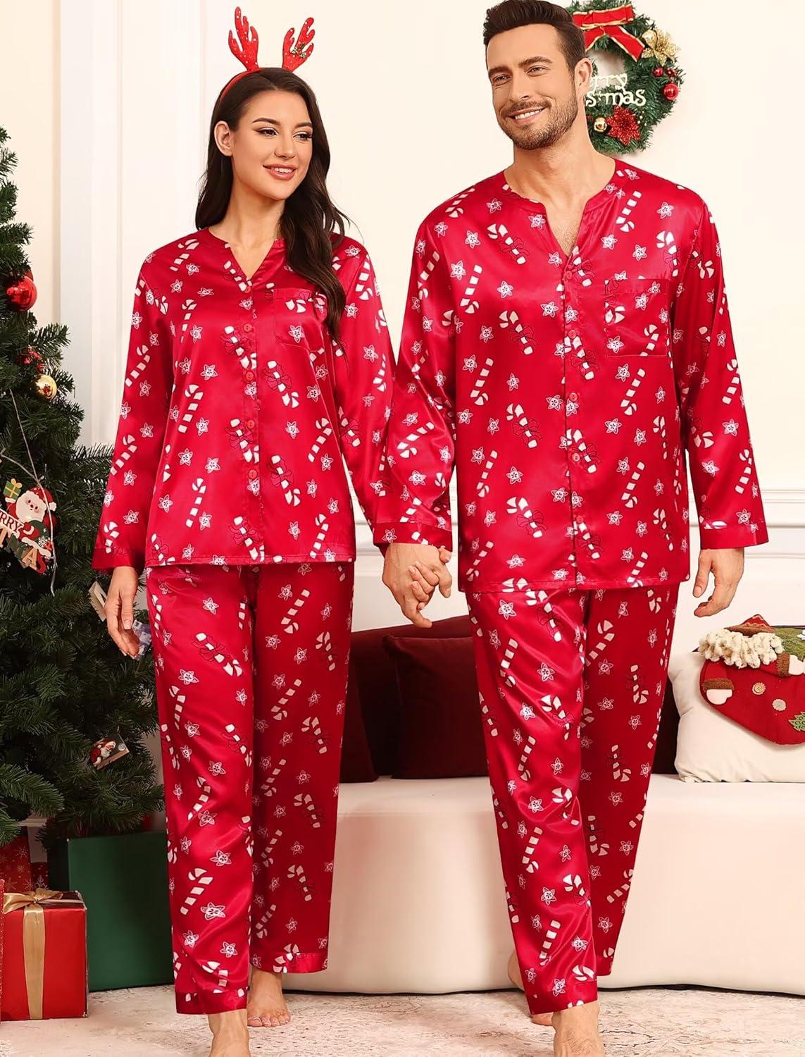 imageSWOMOG Family Matching Pajama Set 2Pcs Silk Satin Sleepwear Long Sleeve Button Down LoungewearRed Candy Cane