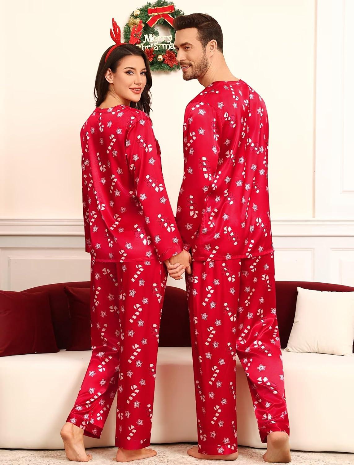 imageSWOMOG Family Matching Pajama Set 2Pcs Silk Satin Sleepwear Long Sleeve Button Down LoungewearRed Candy Cane