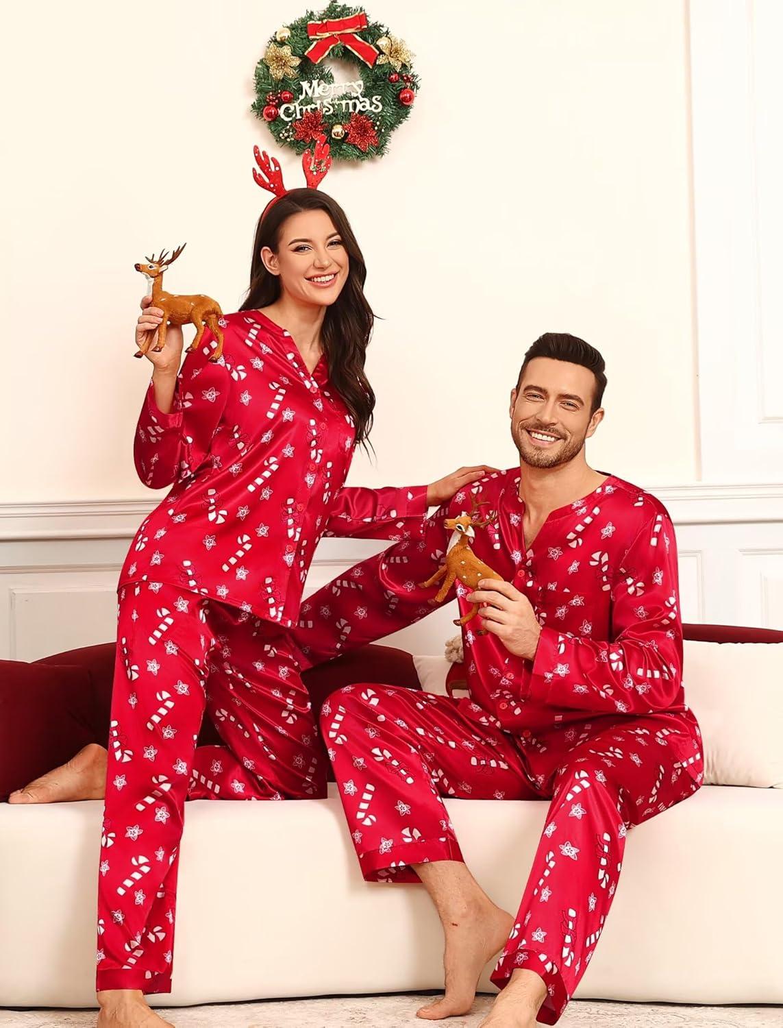 imageSWOMOG Family Matching Pajama Set 2Pcs Silk Satin Sleepwear Long Sleeve Button Down LoungewearRed Candy Cane