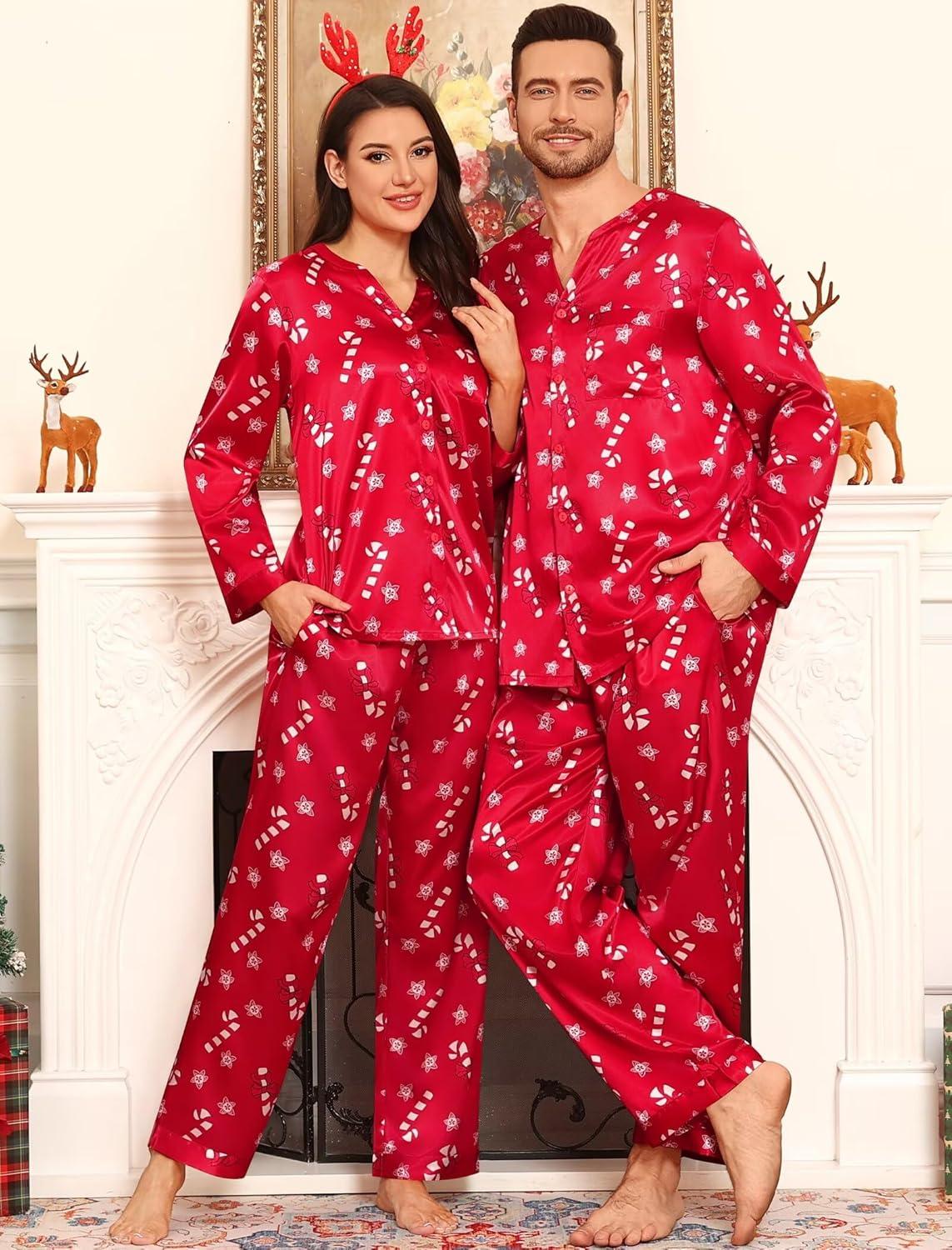imageSWOMOG Family Matching Pajama Set 2Pcs Silk Satin Sleepwear Long Sleeve Button Down LoungewearRed Candy Cane