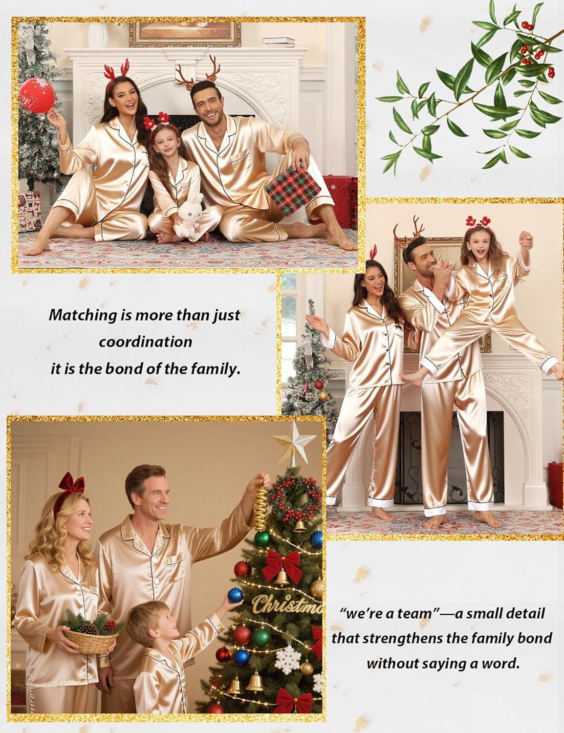 imageSWOMOG Family Matching Pajamas Set Silk Satin Button Down Sleepwear Long Sleeve Nightwear 2 Pcs Pj SetChampagne