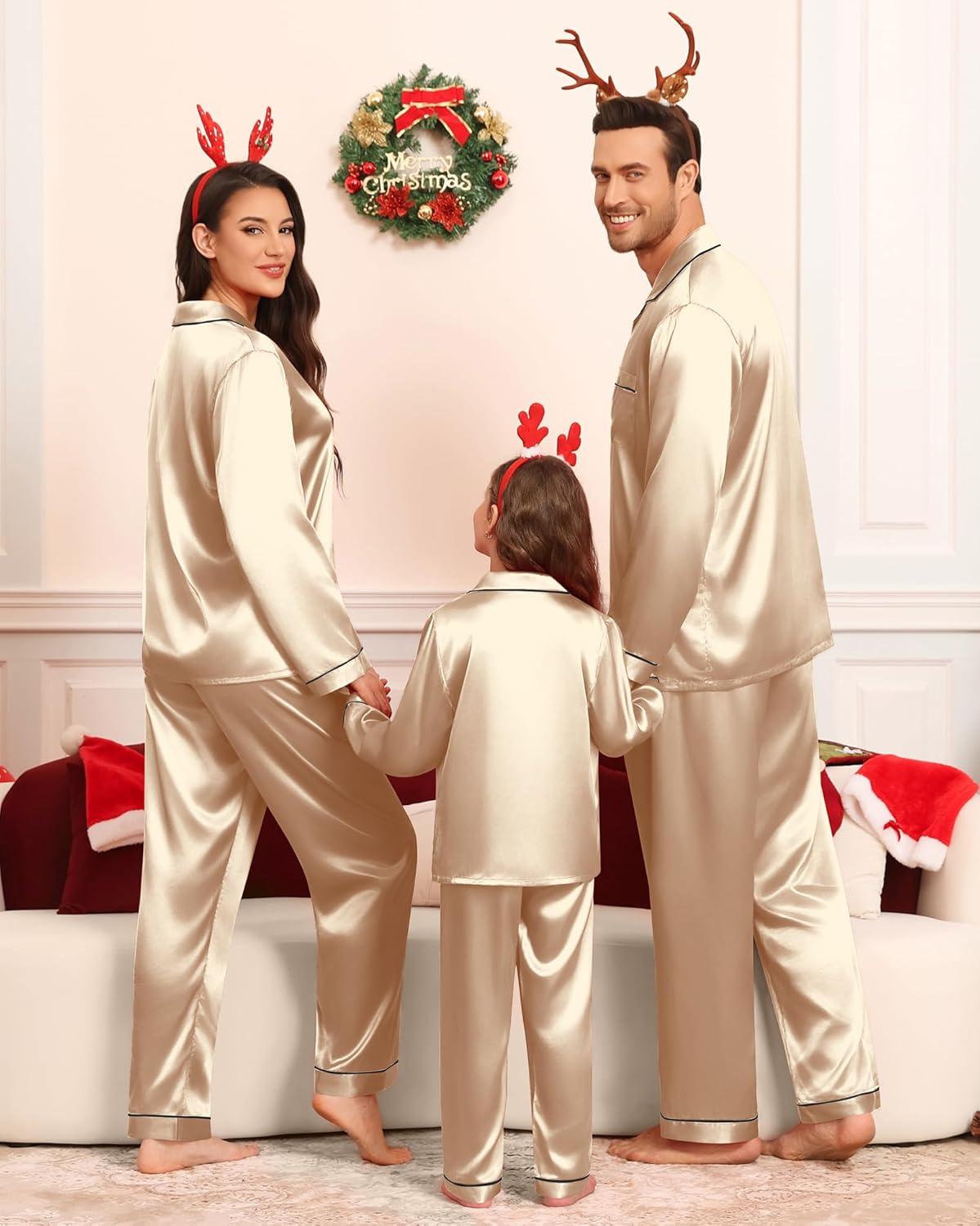 imageSWOMOG Family Matching Pajamas Set Silk Satin Button Down Sleepwear Long Sleeve Nightwear 2 Pcs Pj SetChampagne
