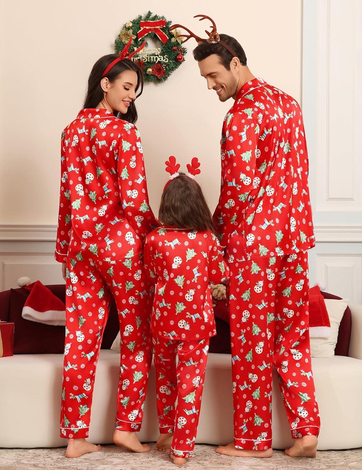 imageSWOMOG Family Matching Pajamas Set Silk Satin Button Down Sleepwear Long Sleeve Nightwear 2 Pcs Pj SetChristmas Gift Red