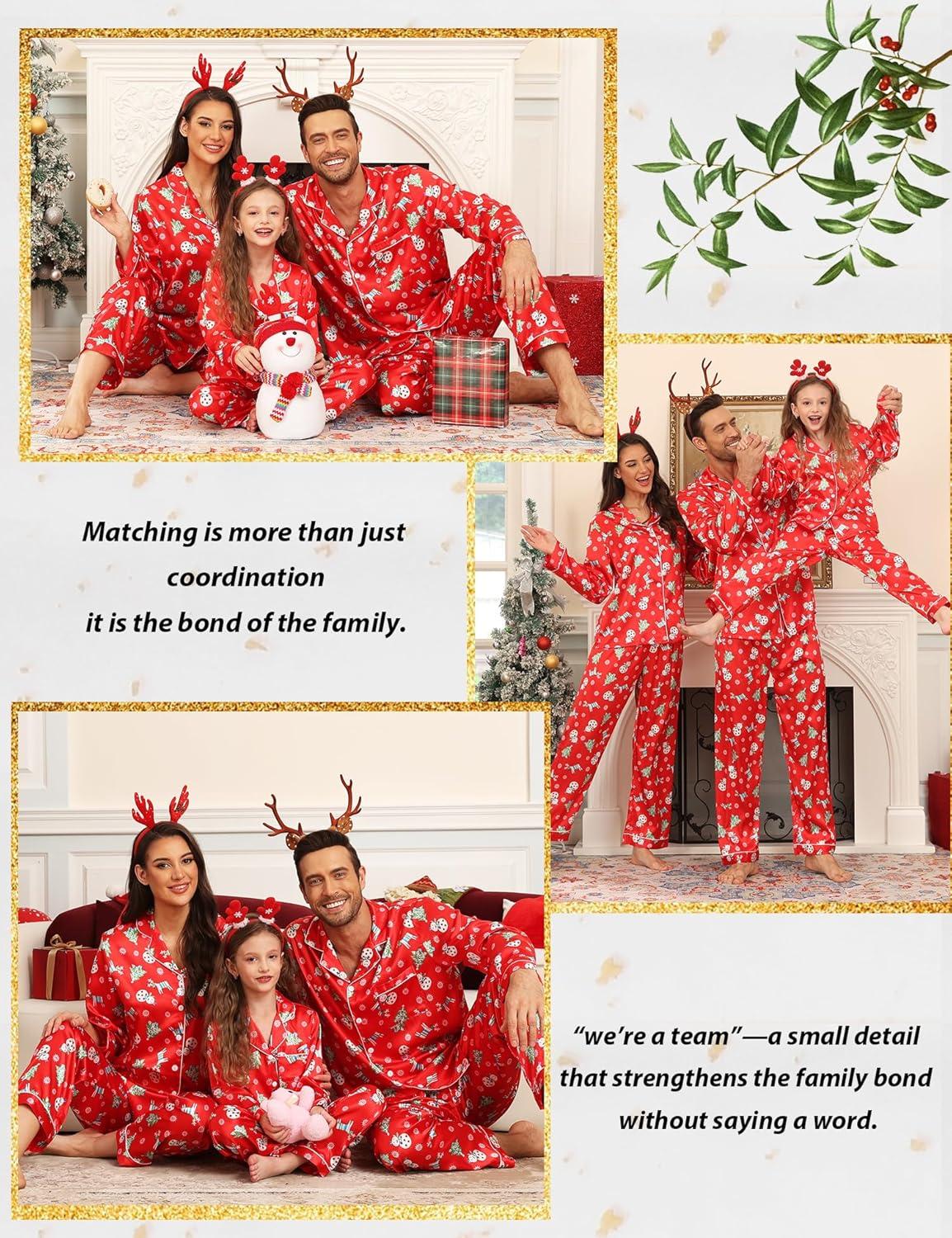 imageSWOMOG Family Matching Pajamas Set Silk Satin Button Down Sleepwear Long Sleeve Nightwear 2 Pcs Pj SetChristmas Gift Red