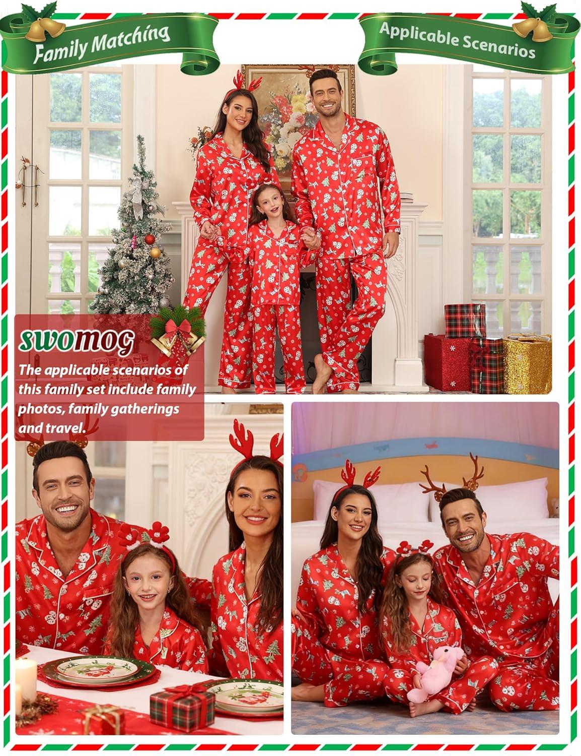 imageSWOMOG Family Matching Pajamas Set Silk Satin Button Down Sleepwear Long Sleeve Nightwear 2 Pcs Pj SetChristmas Gift Red