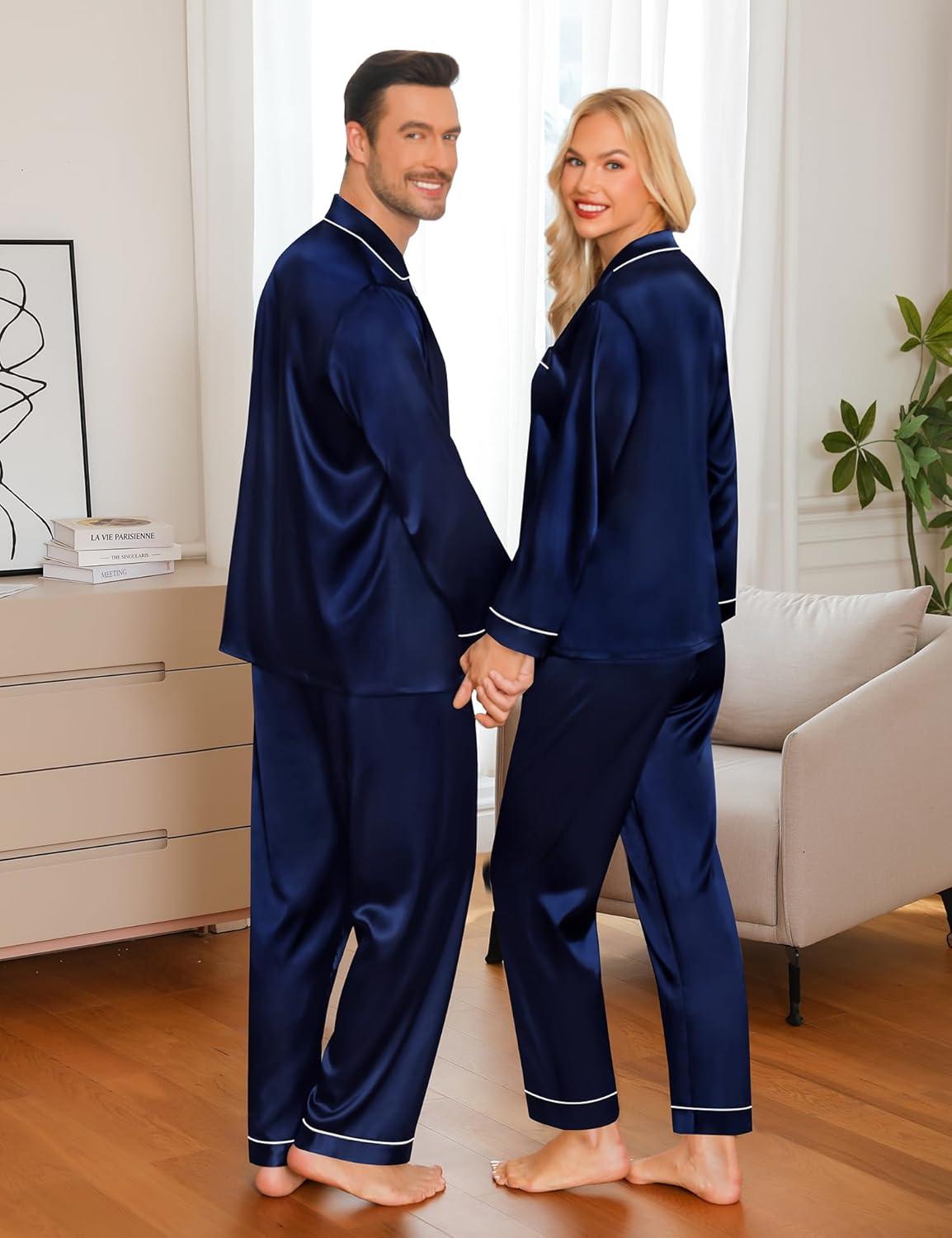 imageSWOMOG Family Matching Pajamas Set Silk Satin Button Down Sleepwear Long Sleeve Nightwear 2 Pcs Pj SetDeep Navy Blue