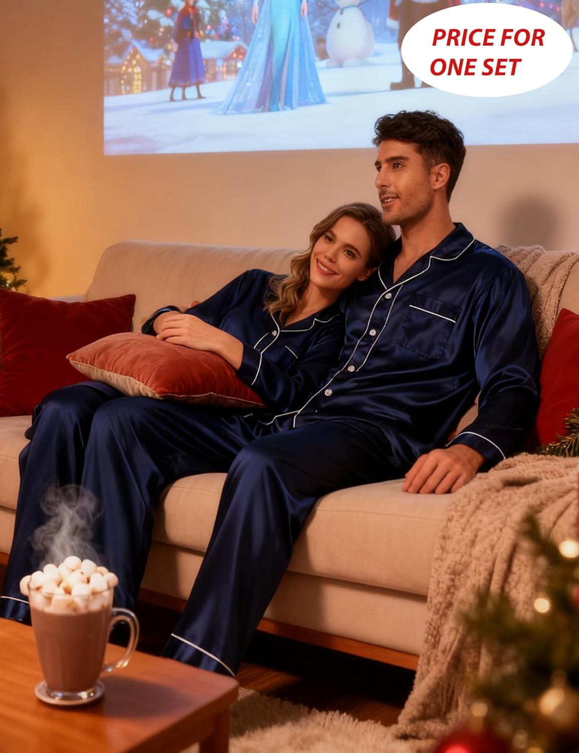 imageSWOMOG Family Matching Pajamas Set Silk Satin Button Down Sleepwear Long Sleeve Nightwear 2 Pcs Pj SetDeep Navy Blue
