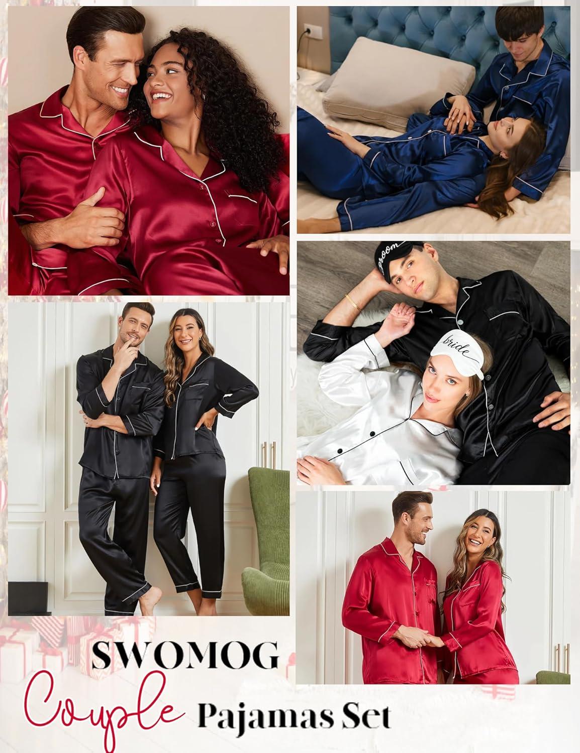 imageSWOMOG Family Matching Pajamas Set Silk Satin Button Down Sleepwear Long Sleeve Nightwear 2 Pcs Pj SetDeep Navy Blue