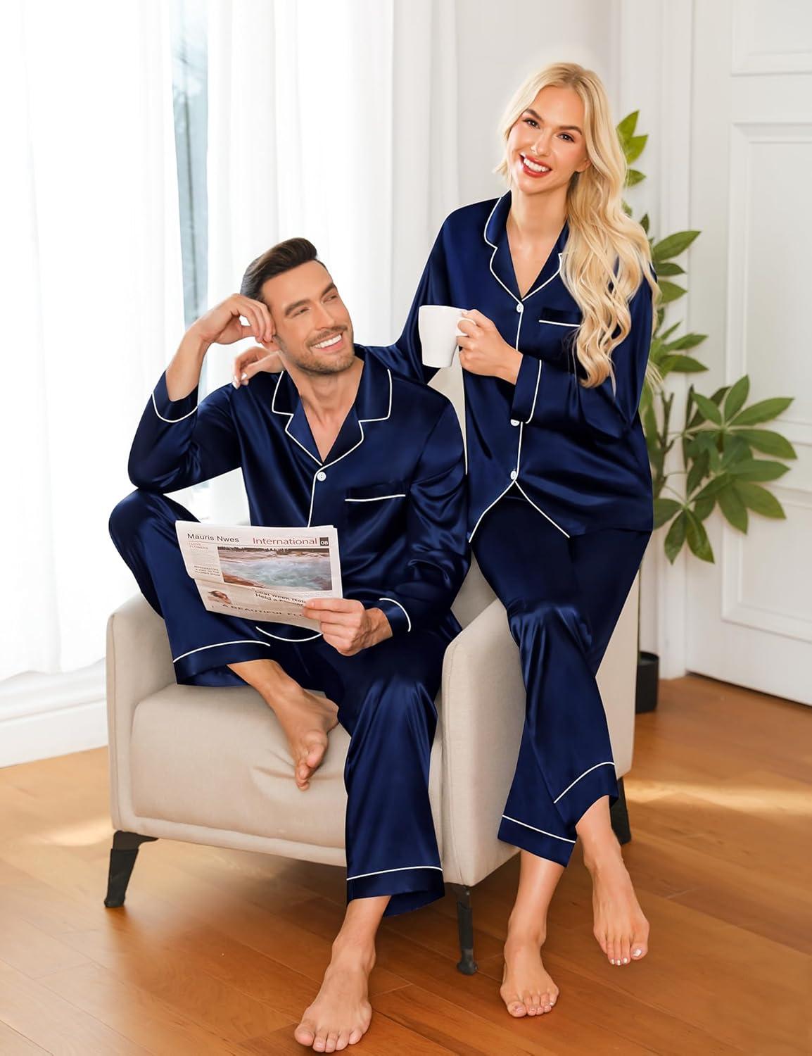 imageSWOMOG Family Matching Pajamas Set Silk Satin Button Down Sleepwear Long Sleeve Nightwear 2 Pcs Pj SetDeep Navy Blue