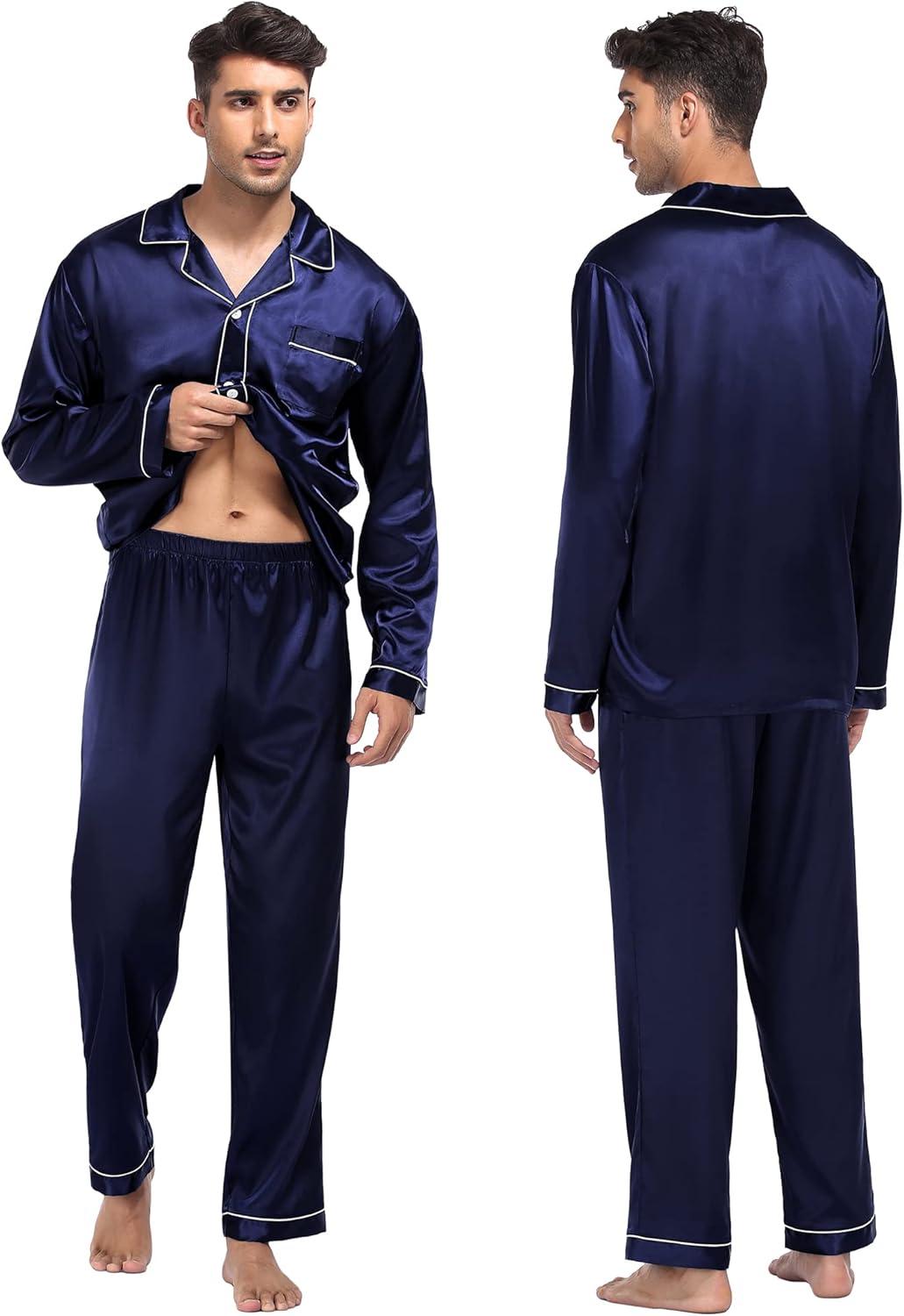 imageSWOMOG Family Matching Pajamas Set Silk Satin Button Down Sleepwear Long Sleeve Nightwear 2 Pcs Pj SetDeep Navy Blue