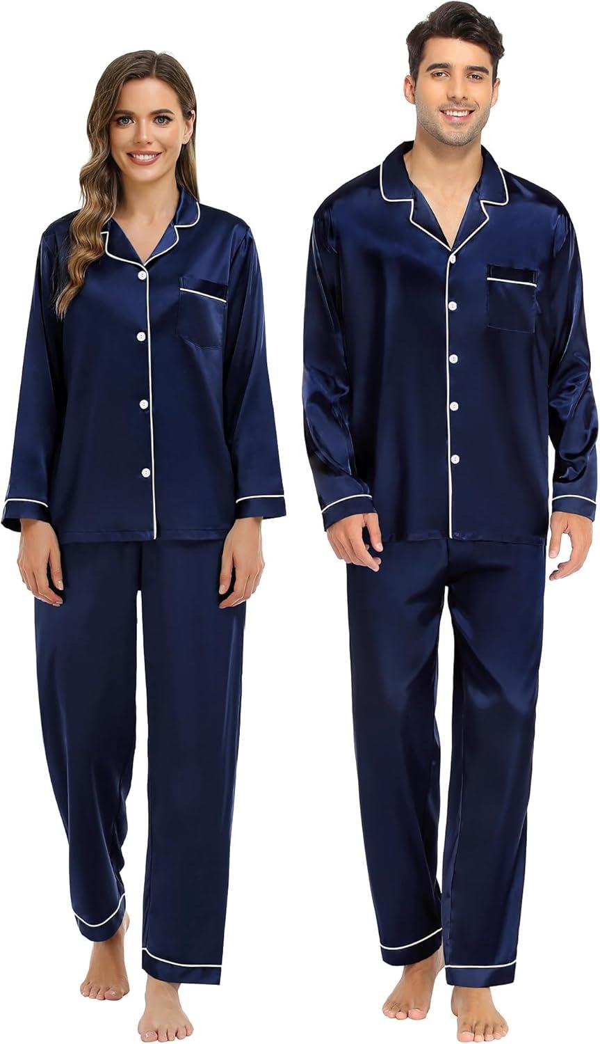 imageSWOMOG Family Matching Pajamas Set Silk Satin Button Down Sleepwear Long Sleeve Nightwear 2 Pcs Pj SetDeep Navy Blue