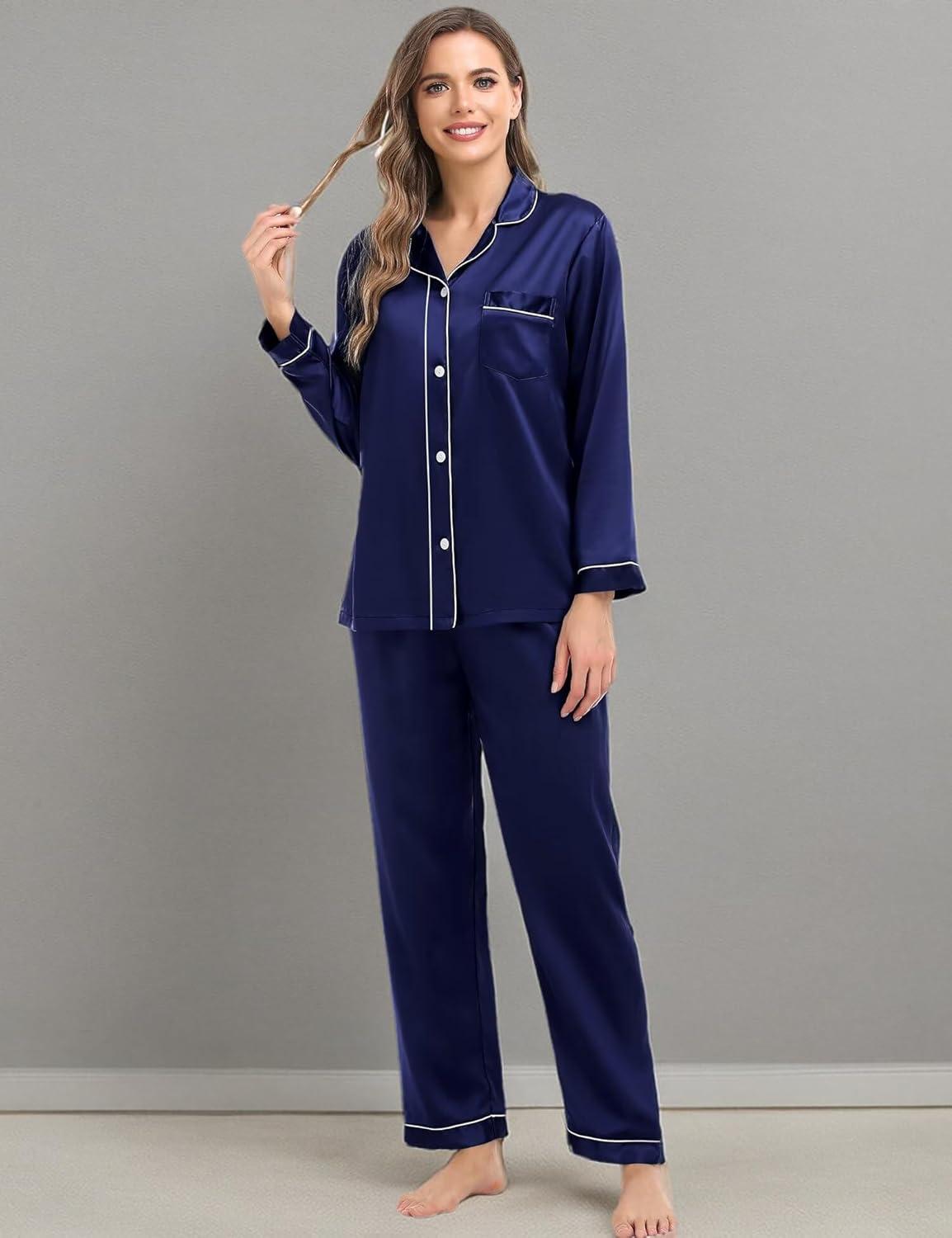 imageSWOMOG Family Matching Pajamas Set Silk Satin Button Down Sleepwear Long Sleeve Nightwear 2 Pcs Pj SetDeep Navy Blue