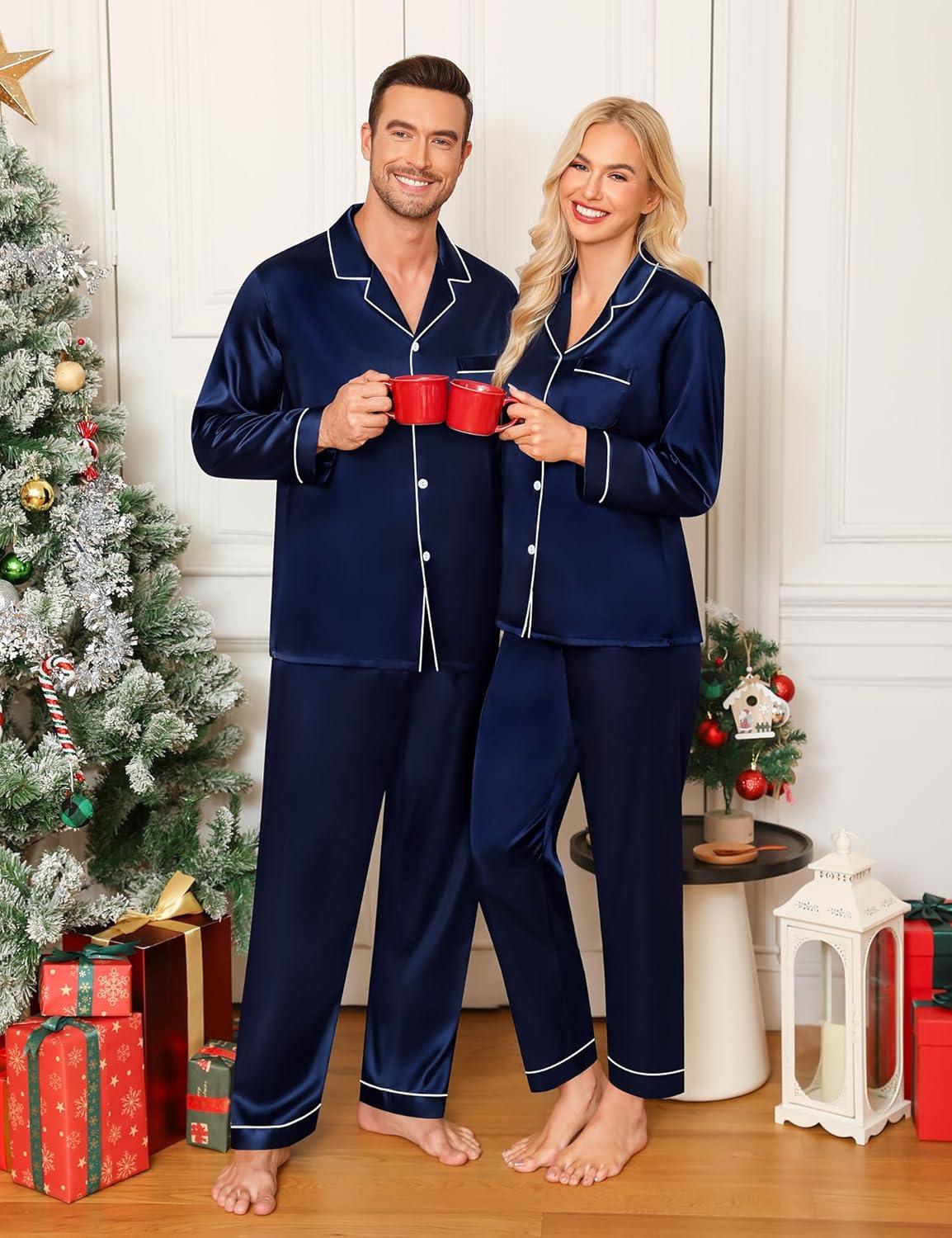 imageSWOMOG Family Matching Pajamas Set Silk Satin Button Down Sleepwear Long Sleeve Nightwear 2 Pcs Pj SetDeep Navy Blue