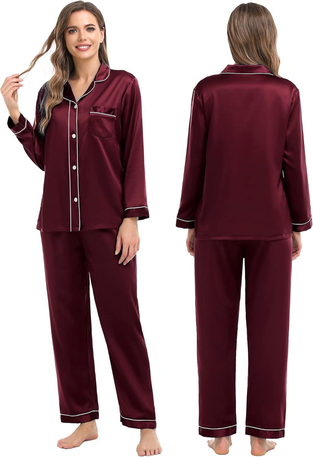 imageSWOMOG Family Matching Pajamas Set Silk Satin Button Down Sleepwear Long Sleeve Nightwear 2 Pcs Pj SetDeep Wine Red