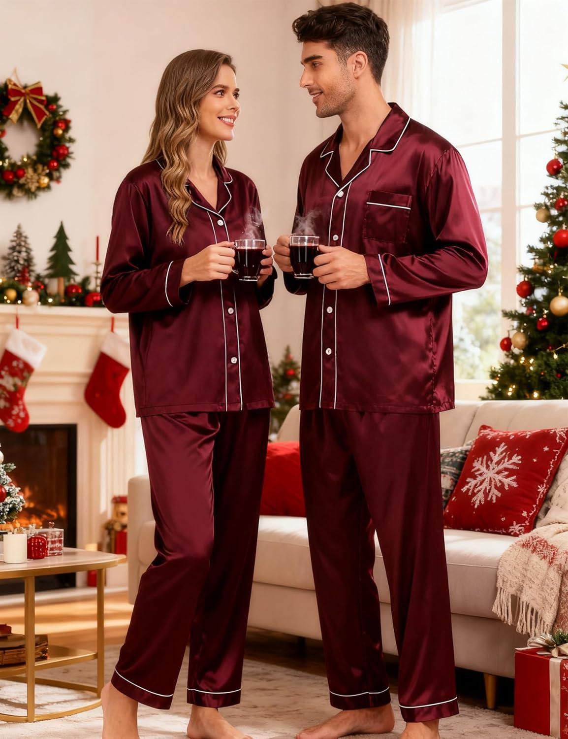 imageSWOMOG Family Matching Pajamas Set Silk Satin Button Down Sleepwear Long Sleeve Nightwear 2 Pcs Pj SetDeep Wine Red