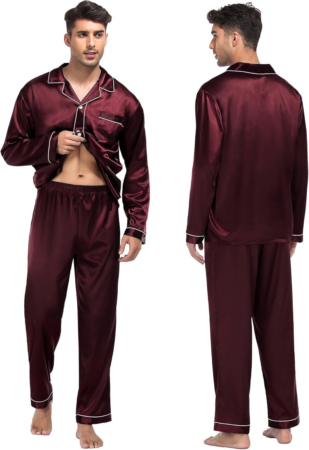 imageSWOMOG Family Matching Pajamas Set Silk Satin Button Down Sleepwear Long Sleeve Nightwear 2 Pcs Pj SetDeep Wine Red