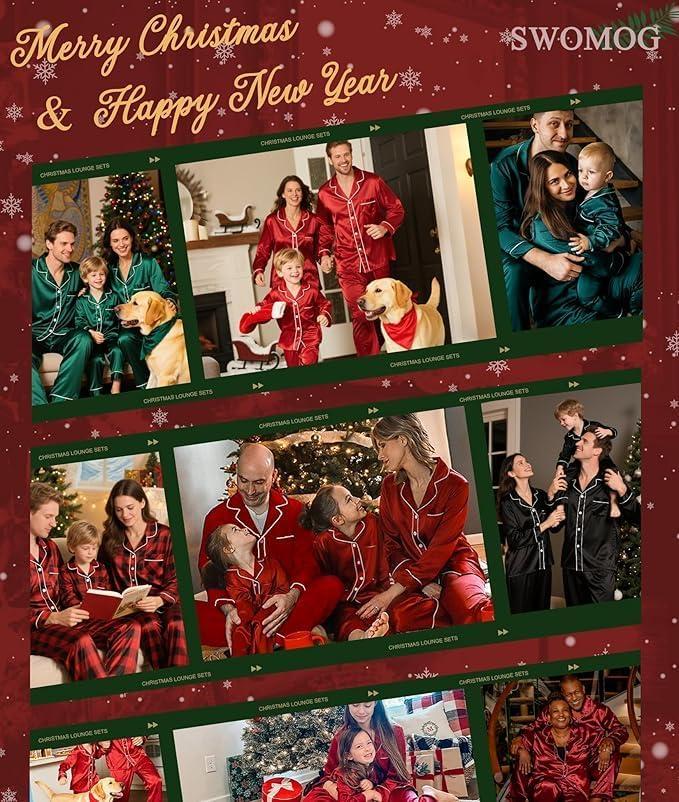 imageSWOMOG Family Matching Pajamas Set Silk Satin Button Down Sleepwear Long Sleeve Nightwear 2 Pcs Pj SetDeep Wine Red