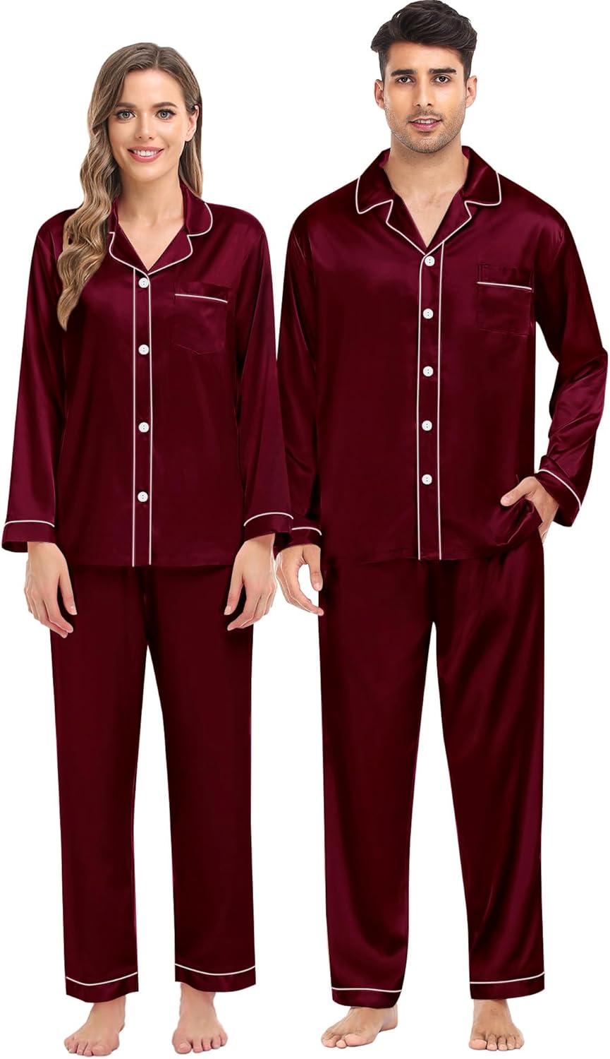 imageSWOMOG Family Matching Pajamas Set Silk Satin Button Down Sleepwear Long Sleeve Nightwear 2 Pcs Pj SetDeep Wine Red