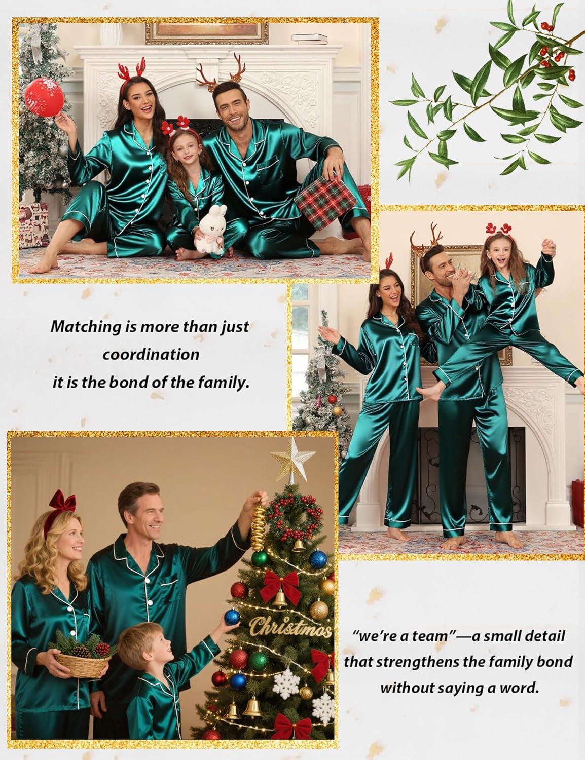 imageSWOMOG Family Matching Pajamas Set Silk Satin Button Down Sleepwear Long Sleeve Nightwear 2 Pcs Pj SetGreen