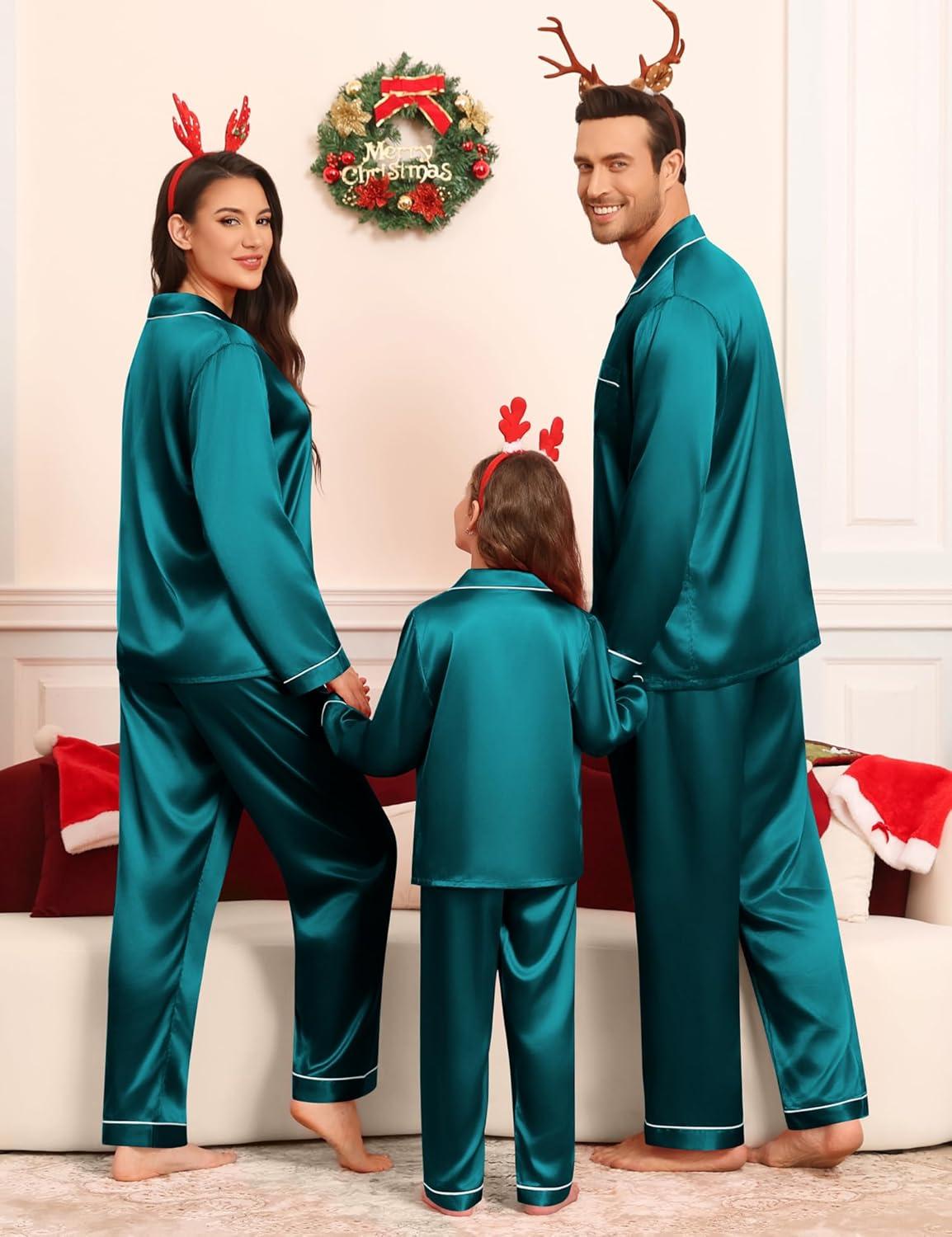 imageSWOMOG Family Matching Pajamas Set Silk Satin Button Down Sleepwear Long Sleeve Nightwear 2 Pcs Pj SetGreen