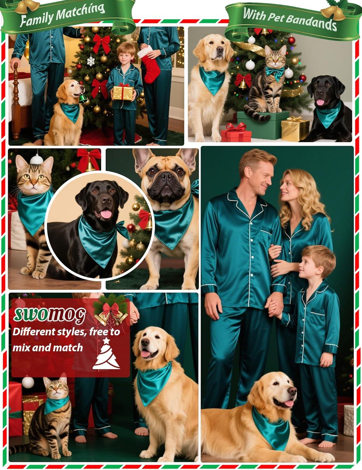 imageSWOMOG Family Matching Pajamas Set Silk Satin Button Down Sleepwear Long Sleeve Nightwear 2 Pcs Pj SetGreen