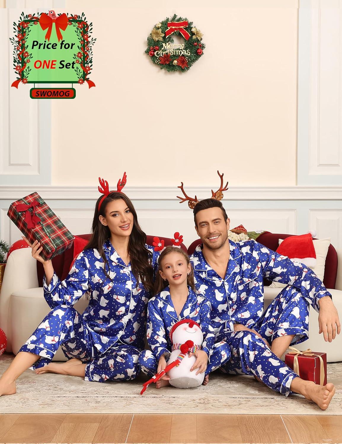 imageSWOMOG Family Matching Pajamas Set Silk Satin Button Down Sleepwear Long Sleeve Nightwear 2 Pcs Pj SetPolar Bear