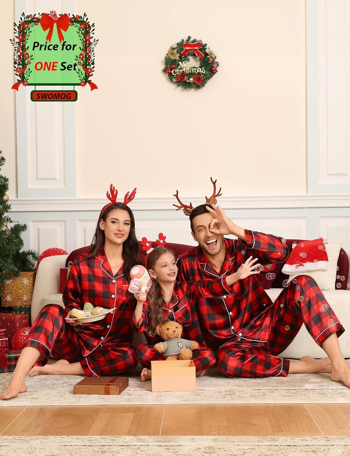 imageSWOMOG Family Matching Pajamas Set Silk Satin Button Down Sleepwear Long Sleeve Nightwear 2 Pcs Pj SetRed Black Grid