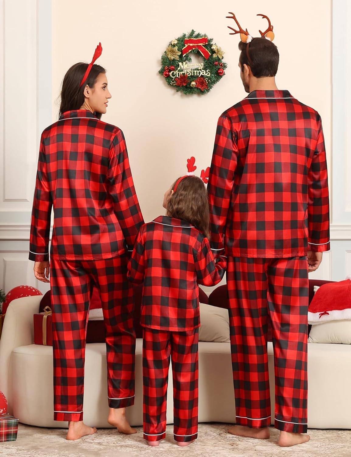 imageSWOMOG Family Matching Pajamas Set Silk Satin Button Down Sleepwear Long Sleeve Nightwear 2 Pcs Pj SetRed Black Grid