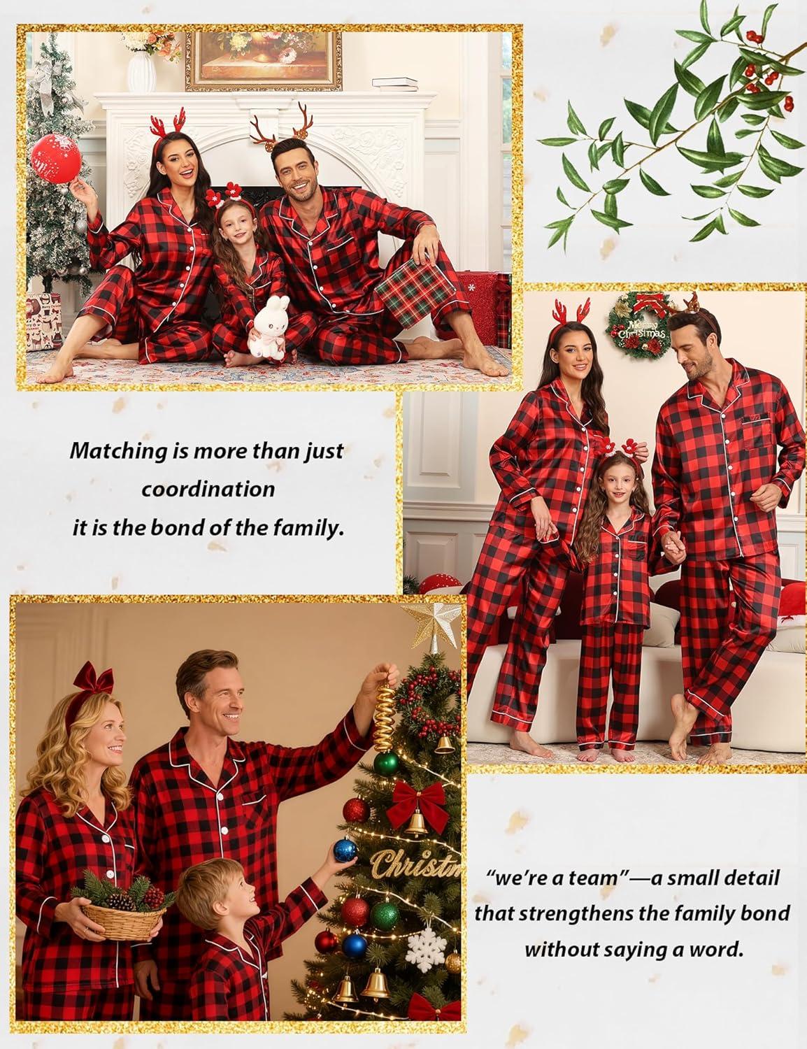 imageSWOMOG Family Matching Pajamas Set Silk Satin Button Down Sleepwear Long Sleeve Nightwear 2 Pcs Pj SetRed Black Grid