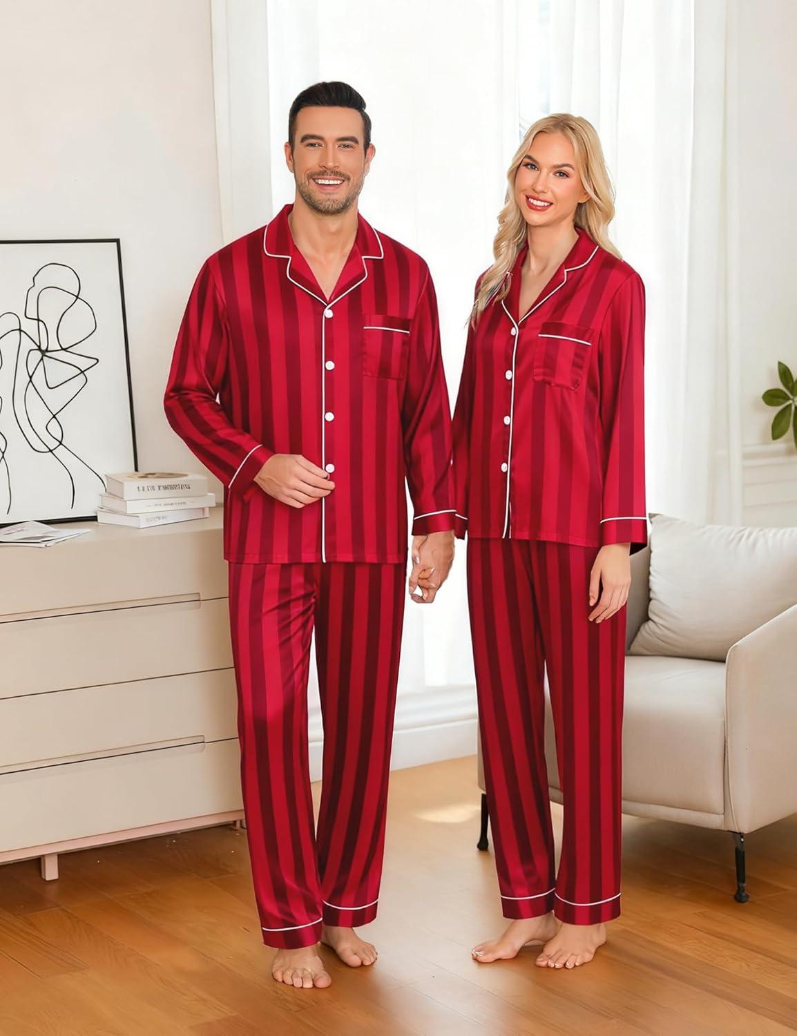 imageSWOMOG Family Matching Pajamas Set Silk Satin Button Down Sleepwear Long Sleeve Nightwear 2 Pcs Pj SetRed Striped