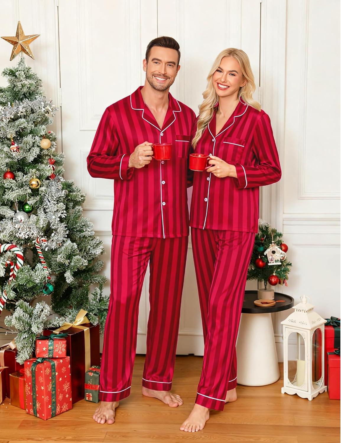 imageSWOMOG Family Matching Pajamas Set Silk Satin Button Down Sleepwear Long Sleeve Nightwear 2 Pcs Pj SetRed Striped