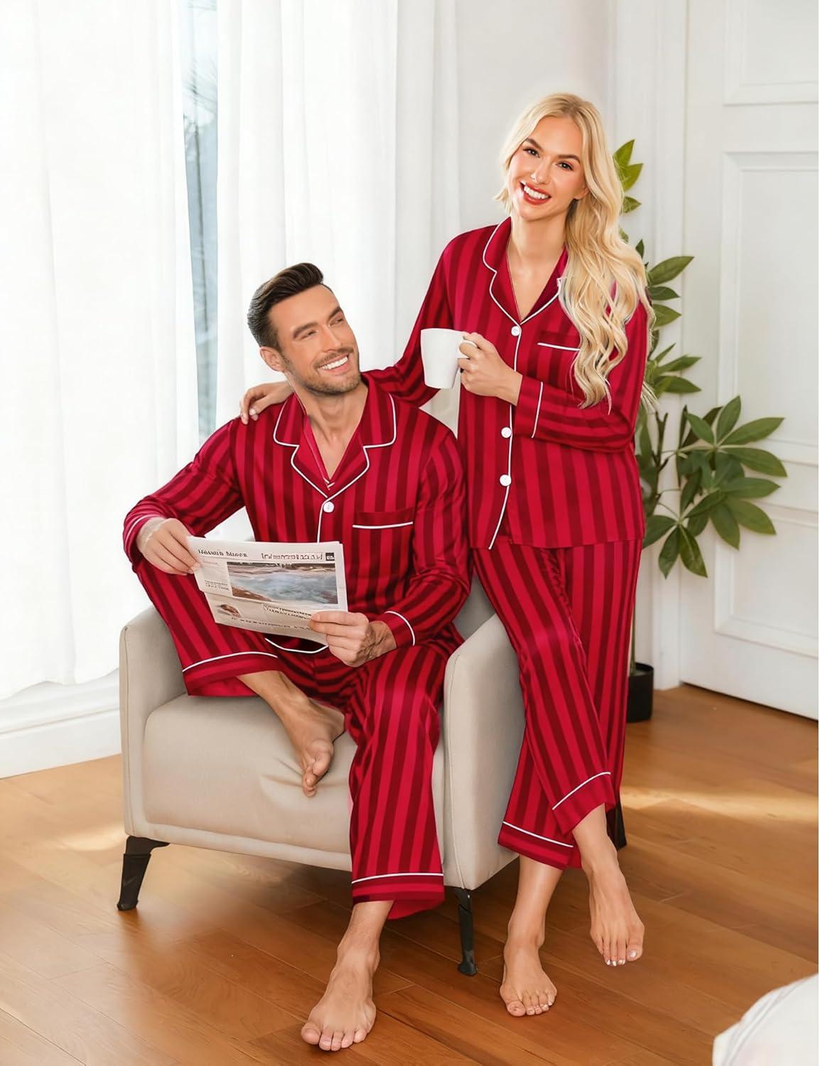 imageSWOMOG Family Matching Pajamas Set Silk Satin Button Down Sleepwear Long Sleeve Nightwear 2 Pcs Pj SetRed Striped